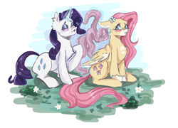 Size: 2006x1446 | Tagged: safe, fluttershy, rarity, pegasus, pony, unicorn, aggie.io, blushing, eyes closed, female, flower, looking back, magic, mare, open mouth, raised hoof, simple background, sitting, unshorn fetlocks