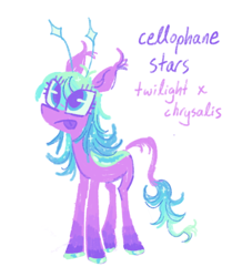 Size: 472x565 | Tagged: safe, artist:webkinzworldz, imported from twibooru, oc, oc:cellophane stars, changedling, changeling, hybrid, pony, antennae, colored hooves, female, image, interspecies offspring, leonine tail, magical lesbian spawn, next generation, offspring, parent:queen chrysalis, parent:twilight sparkle, parents:twisalis, png, simple background, solo, tongue out, white background