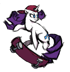 Size: 826x843 | Tagged: safe, rarity, pony, unicorn, aggie.io, female, hat, mare, simple background, skateboard, smiling