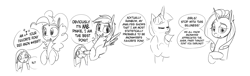 Size: 2566x777 | Tagged: safe, pinkie pie, rainbow dash, rarity, twilight sparkle, earth pony, pegasus, pony, unicorn, aggie.io, comic, crying, eyes closed, female, implied anon, mare, monochrome, open mouth, pinkamena diane pie, raised hoof, sad, simple background, sketch, smiling, spread wings, talking, wings