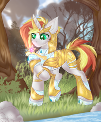 Size: 5000x6000 | Tagged: safe, artist:saidelqud, imported from derpibooru, oc, oc:blazing bullet, pony, unicorn, armor, armored pony, big crown thingy, element of magic, golden armor, green eyes, jewelry, regalia, royal guard, sapphires, solo, twilight's crown