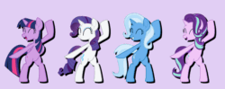 Size: 1920x758 | Tagged: safe, artist:jrpsartdesk, imported from derpibooru, rarity, starlight glimmer, trixie, twilight sparkle, alicorn, pony, unicorn, animated, bipedal, dancing, eyes closed, female, loop, mare, open mouth, twilight sparkle (alicorn)