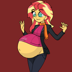 Size: 2048x2048 | Tagged: safe, artist:elizapregs, imported from derpibooru, sunset shimmer, human, comic:inner thoughts, equestria girls, belly, belly button, big belly, clothes, jacket, looking at belly, looking down, pants, pregnant, scarf, sunset preggers, sweater, wardrobe malfunction