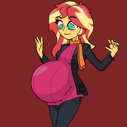 Size: 2048x2048 | Tagged: safe, alternate version, artist:elizapregs, imported from derpibooru, sunset shimmer, human, comic:inner thoughts, equestria girls, belly, big belly, clothes, jacket, looking at belly, looking down, pants, pregnant, scarf, sunset preggers, sweater