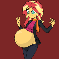 Size: 2048x2048 | Tagged: safe, alternate version, artist:elizapregs, imported from derpibooru, sunset shimmer, human, comic:inner thoughts, equestria girls, belly, belly button, big belly, clothes, jacket, looking at belly, looking down, pants, pregnant, scarf, sunset preggers, sweater, wardrobe malfunction