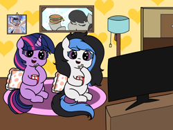 Size: 3072x2304 | Tagged: safe, artist:malachimoet, artist:msbluejune, imported from derpibooru, octavia melody, twilight sparkle, oc, oc:msbluejune, pony, burger, colored background, cute, duo, food, hamburger, happy, popcorn, television