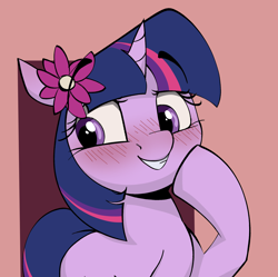 Size: 2192x2179 | Tagged: safe, artist:luxsimx, imported from derpibooru, twilight sparkle, pony, unicorn, blushing, cute, female, floppy ears, flower, flower in hair, high res, mare, solo, twiabetes, unicorn twilight