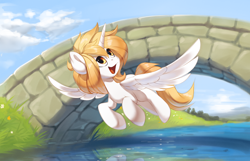 Size: 4000x2570 | Tagged: safe, artist:vistamage, imported from derpibooru, oc, oc only, oc:star nai, alicorn, alicorn oc, bridge, flying, horn, open mouth, open smile, smiling, solo, water, wings