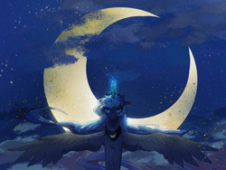 Size: 2160x1620 | Tagged: safe, artist:lendftcn, imported from derpibooru, princess luna, alicorn, pony, crescent moon, female, film grain, glowing, glowing horn, horn, looking at you, mare, moon, night, solo, spread wings, wings