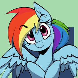 Size: 2212x2211 | Tagged: safe, artist:luxsimx, imported from derpibooru, rainbow dash, pegasus, pony, abstract background, female, floating eyebrows, green background, looking at you, mare, simple background, solo