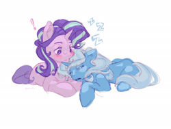 Size: 1920x1446 | Tagged: safe, artist:neexsa, imported from derpibooru, starlight glimmer, trixie, pony, unicorn, blush sticker, blushing, cuddling, exclamation point, female, lesbian, mare, onomatopoeia, shipping, simple background, sleeping, snoring, sound effects, startrix, white background, zzz