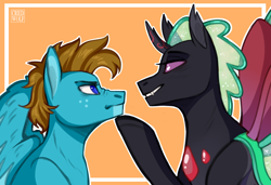 Size: 4232x2893 | Tagged: safe, artist:criedwolf, imported from derpibooru, oc, oc only, oc:carbon, oc:ptero, changedling, changeling, pegasus, pony, annoyed, bedroom eyes, blue eyes, brown hair, brown mane, changedling oc, changeling oc, gay, high res, hoof on chin, horn, male, oc x oc, pegasus oc, purple eyes, shipping, simple background, smiling, smirk