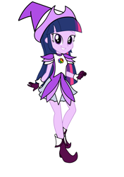 Size: 3035x4299 | Tagged: safe, artist:rollyagami02, imported from derpibooru, twilight sparkle, human, equestria girls, boots, clothes, clothes swap, cosplay, costume, crossover, ear piercing, earring, ellie craft, gloves, hat, jewelry, magical doremi, ojamajo doremi, onpu segawa, piercing, purple dress, shoes, simple background, solo, white background, witch, witch apprentice, witch costume, witch hat