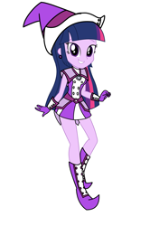 Size: 3035x4299 | Tagged: safe, artist:rollyagami02, imported from derpibooru, twilight sparkle, human, equestria girls, boots, clothes, clothes swap, cosplay, costume, ear piercing, earring, ellie craft, gloves, hat, jewelry, magical doremi, ojamajo doremi, onpu segawa, piercing, purple dress, shoes, simple background, solo, white background, witch, witch apprentice, witch costume, witch hat