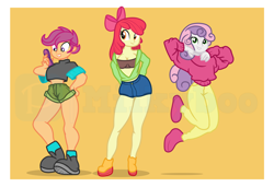 Size: 7528x5136 | Tagged: safe, artist:milkyboo898, imported from derpibooru, apple bloom, scootaloo, sweetie belle, human, equestria girls, cutie mark crusaders, female, orange background, sexy, simple background, trio