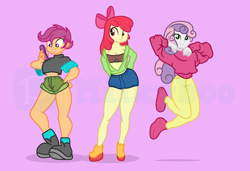 Size: 7528x5136 | Tagged: safe, alternate version, artist:milkyboo898, imported from derpibooru, apple bloom, scootaloo, sweetie belle, human, equestria girls, equestria girls series, clothes, cutie mark crusaders, cutie mark on clothes, female, pink background, simple background, trio