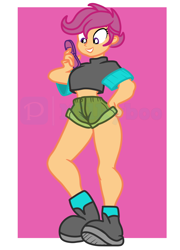 Size: 3752x5200 | Tagged: safe, artist:milkyboo898, imported from derpibooru, scootaloo, human, equestria girls, clothes, cutie mark crusaders, cutie mark on clothes, female, sexy, solo, thighs