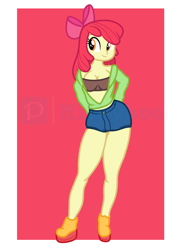 Size: 3752x5200 | Tagged: safe, artist:milkyboo898, imported from derpibooru, apple bloom, human, equestria girls, clothes, cutie mark crusaders, cutie mark on clothes, female, sexy, solo