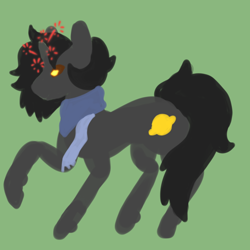 Size: 1280x1280 | Tagged: source needed, safe, artist:rake0o, imported from derpibooru, oc, oc only, oc:sagiri himoto, pony, unicorn, black mane, black tail, clothes, food, glowing, glowing eyes, glowing horn, gray coat, horn, lemon, scarf, solo, tail, unicorn oc