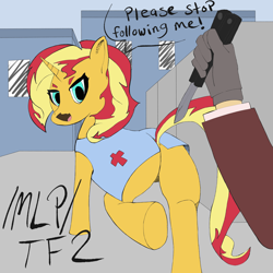 Size: 4096x4096 | Tagged: artist needed, safe, imported from derpibooru, sunset shimmer, human, pony, unicorn, equestria girls, /mlp/, /mlp/ tf2 general, butt, crossover, female, knife, male, mare, medic, offscreen character, offscreen human, plot, spy, team fortress 2