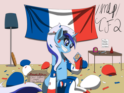 Size: 4000x3000 | Tagged: safe, imported from derpibooru, minuette, pony, unicorn, /mlp/ tf2 general, baguette, balloon, bread, confetti, dog treat, female, flag, food, france, french, french flag, hat, knife, lamp, mare, party hat, smiling, solo, spy, team fortress 2, toothbrush