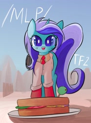 Size: 2420x3251 | Tagged: safe, imported from derpibooru, minuette, pony, unicorn, /mlp/ tf2 general, food, medic, plate, sandvich, smiling, team fortress 2