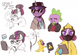 Size: 2480x1754 | Tagged: safe, artist:nire, imported from derpibooru, spike, twilight sparkle, earth pony, unicorn, alternate hairstyle, barrel, breaking bad, cigarette, clipboard, clothes, crossover, drugs, female, floating, gas mask, glasses, gloves, hair bun, hat, hazmat suit, heisenberg, hoodie, jacket, jesse pinkman, male, mare, mask, meth, necktie, respirator, shirt, simple background, smoking, sunglasses, t-shirt, tongue out, unicorn twilight, walter white, white background