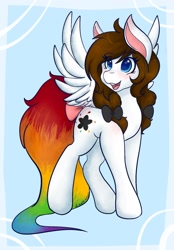 Size: 1423x2048 | Tagged: safe, artist:mscolorsplash, imported from derpibooru, oc, oc only, oc:color splash, pegasus, pony, bow, female, mare, open mouth, open smile, rainbow tail, smiling, solo, spread wings, tail, tail bow, wings