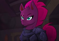 Size: 2048x1423 | Tagged: safe, artist:mscolorsplash, imported from derpibooru, tempest shadow, pony, unicorn, my little pony: the movie, armor, broken horn, female, frown, horn, mare, scene interpretation, solo