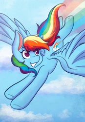 Size: 1423x2048 | Tagged: safe, artist:mscolorsplash, imported from derpibooru, rainbow dash, pegasus, pony, backwards cutie mark, cloud, eye clipping through hair, eyebrows, eyebrows visible through hair, female, flying, grin, looking back, mare, rainbow trail, signature, sky, smiling, solo, spread wings, wings