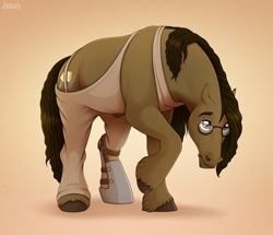 Size: 3700x3176 | Tagged: safe, artist:jenery, imported from derpibooru, oc, oc only, oc:solid punch, earth pony, horse, pony, actor, beard, blacksmith, earth pony oc, facial hair, glasses, high res, hoers, male, solo, stallion