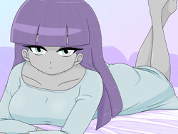 Size: 2224x1668 | Tagged: safe, artist:batipin, imported from derpibooru, maud pie, human, equestria girls, barefoot, bed, breasts, busty maud pie, eyeshadow, feet, female, looking at you, lying down, makeup, prone, solo, the pose