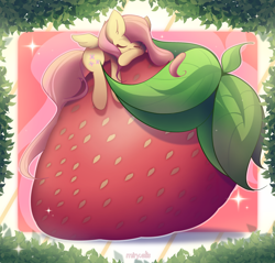 Size: 2350x2250 | Tagged: safe, artist:miryelis, imported from derpibooru, fluttershy, pegasus, pony, eyes closed, food, leaves, long hair, lying, signature, sleeping, small wings, solo, strawberry, wings