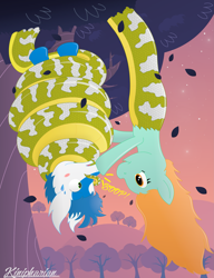 Size: 2689x3508 | Tagged: safe, artist:kinipharian, imported from derpibooru, oc, oc only, oc:kayisus, oc:sandra scales, lamia, latios, pony, boop, coils, duo, lamiafied, legendary pokémon, pokémon, ponified, signature, species swap, sweat, sweatdrops, upside down