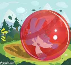 Size: 3328x3024 | Tagged: safe, artist:kinipharian, imported from derpibooru, oc, oc:kayisus, latios, pony, bubble, dizzy, emanata, forest, legendary pokémon, outdoors, pokémon, ponified, signature, solo, trapped