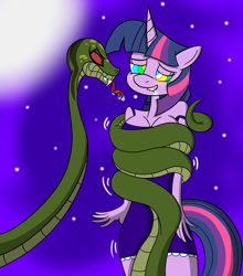 Size: 2200x2500 | Tagged: safe, artist:lunahazacookie, imported from derpibooru, twilight sparkle, anthro, snake, unicorn, clothes, coils, drool, duo, female, hypno eyes, hypnolight sparkle, hypnosis, hypnotized, kaa eyes, looking pleasured, night, outdoors, sexy, stars, stupid sexy twilight, unicorn twilight