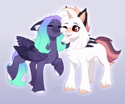 Size: 1800x1500 | Tagged: safe, artist:purplegrim40, imported from derpibooru, oc, oc only, pegasus, pony, unicorn, chest fluff, duo, ear fluff, female, floppy ears, gradient background, horn, mare, one eye closed, pegasus oc, raised hoof, smiling, unicorn oc, unshorn fetlocks, wink