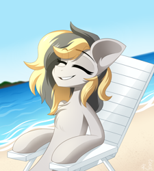 Size: 1800x2000 | Tagged: safe, artist:rinteen, imported from derpibooru, oc, oc only, earth pony, pony, beach, chair, ears, eyes closed, female, mane, mare, sitting, smiling, solo