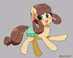 Size: 2796x2228 | Tagged: safe, artist:leo19969525, imported from derpibooru, yona, earth pony, pony, she's all yak, blushing, bow, brown hair, brown mane, brown tail, cute, ears, ears up, female, g4, gray background, green eyes, hair, hair bow, looking at you, mane, mare, open mouth, open smile, ponified, pony yona, simple background, smiling, smiling at you, solo, species swap, tail, yonadorable