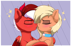 Size: 2470x1600 | Tagged: safe, artist:joaothejohn, imported from derpibooru, oc, oc only, oc:flamebrush, earth pony, pegasus, pony, chest fluff, collar, cute, eyes closed, kissing, love, oc x oc, pegasus oc, shipping, simple background, wings