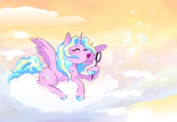 Size: 2078x1433 | Tagged: safe, artist:stevetwisp, imported from derpibooru, oc, oc only, alicorn, pony, alicorn oc, blowing bubbles, cloud, female, horn, mare, on a cloud, sitting, sitting on a cloud, solo, wings