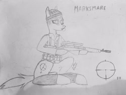 Size: 4032x3024 | Tagged: safe, artist:steelepone, imported from derpibooru, oc, oc only, oc:marksmare, beanie, gun, hat, rifle, sketch, sniper, sniper rifle, solo, traditional art, weapon, world war ii