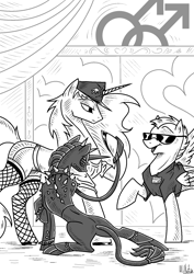 Size: 1240x1754 | Tagged: safe, artist:hilloty, imported from derpibooru, princess cadance, queen chrysalis, oc, pegasus, pony, unicorn, black and white, clothes, costume, grayscale, hat, latex, latex suit, leash, lineart, looking down, male, monochrome, shirt, shorts, spikes, stockings, sunglasses, thigh highs, unamused, zipper, zippermouth