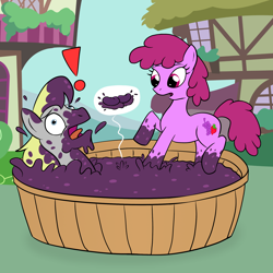 Size: 2000x2000 | Tagged: safe, artist:buttsaucer, artist:nuttyhoof, imported from derpibooru, berry punch, berryshine, hugh jelly, earth pony, accident, ball busting, cbt, female, food, grape stomping, jelly, male, mare, pain, stallion, surprised