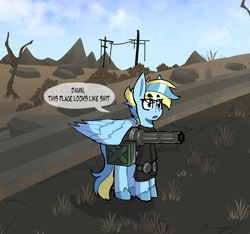 Size: 1980x1855 | Tagged: safe, artist:exvius, imported from derpibooru, oc, pegasus, pony, fallout equestria, minigun, solo, wasteland