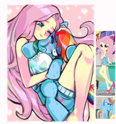 Size: 1719x1829 | Tagged: safe, artist:ceitama, imported from derpibooru, fluttershy, rainbow dash, human, pegasus, pony, equestria girls, adorable distress, barefoot, cute, dashabetes, feet, female, flutterdash, hape, hug, human and pony, lesbian, personal space invasion, screencap reference, shipping, shyabetes, sweat, sweating profusely