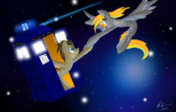 Size: 2889x1836 | Tagged: safe, artist:draconicsonic, imported from derpibooru, derpy hooves, doctor whooves, time turner, earth pony, pegasus, pony, doctor who, doctorderpy, female, holding hooves, male, open mouth, open smile, shipping, smiling, space, straight, tardis, the doctor