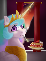 Size: 1500x2000 | Tagged: safe, artist:oldman, imported from derpibooru, princess celestia, alicorn, pony, cake, cakelestia, canterlot, food, hair, horn, horn jewelry, jewelry, looking at you, solo, sun, wings