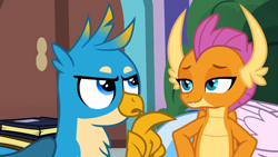 Size: 1044x587 | Tagged: safe, imported from derpibooru, screencap, gallus, silverstream, smolder, classical hippogriff, dragon, griffon, hippogriff, what lies beneath, book, dragoness, duo focus, female, male, talons