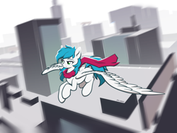 Size: 1600x1200 | Tagged: safe, artist:zylgchs, imported from derpibooru, oc, oc only, oc:cynosura, pegasus, blurry background, city, cityscape, clothes, flying, scarf, solo